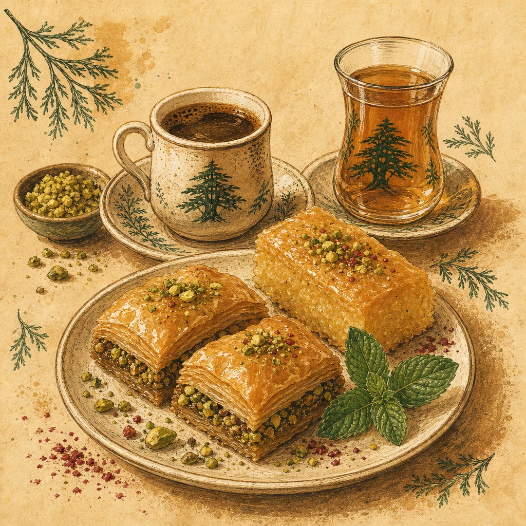 Original illustration of Lebanese coffee, tea, baklava and namoura