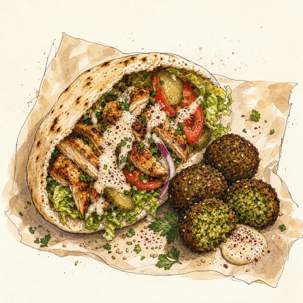 Original illustration of chicken shawarma pita and falafel on parchment